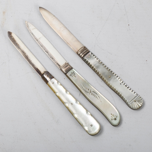 146 - 3 Victorian silver folding fruit knives, all hallmarked, earliest 1845, with mother of pearl handles... 