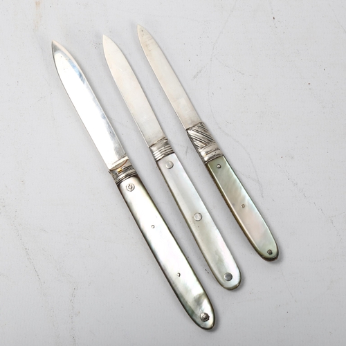 148 - 3 Georgian silver folding fruit knives, all hallmarked, mother of pearl handles