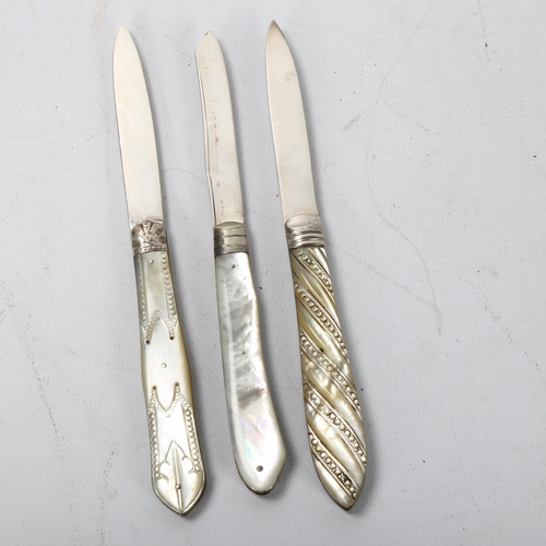 149 - 3 Victorian silver folding fruit knives, all hallmarked, mother of pearl handles