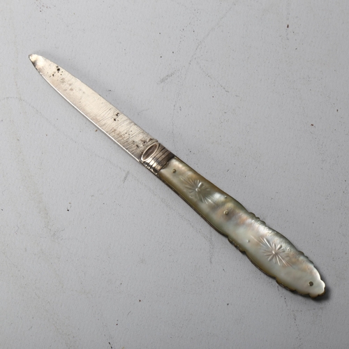 151 - A Victorian silver and mother-of-pearl fruit knife, engraved floral decoration, by Martin, Hall & Co... 