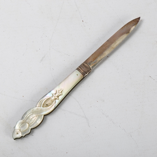 151A - A Victorian silver folding fruit knife, with pineapple carved mother of pearl handle, in original ca... 