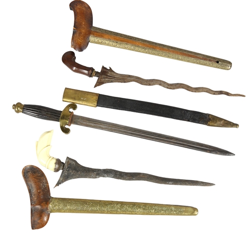 171 - **WITHDRAWN** 2 Malayan Kris daggers, and another brass-mounted dagger, all with original sheaths (3... 