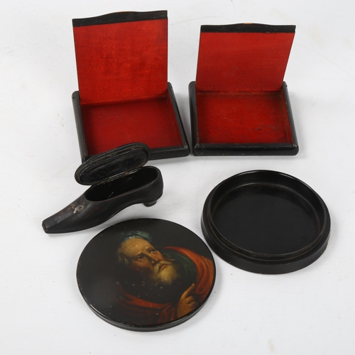 187 - A Russian papier mache snuffbox with painted lid, diameter 9.5cm, a pair of Continental cigarette ca... 