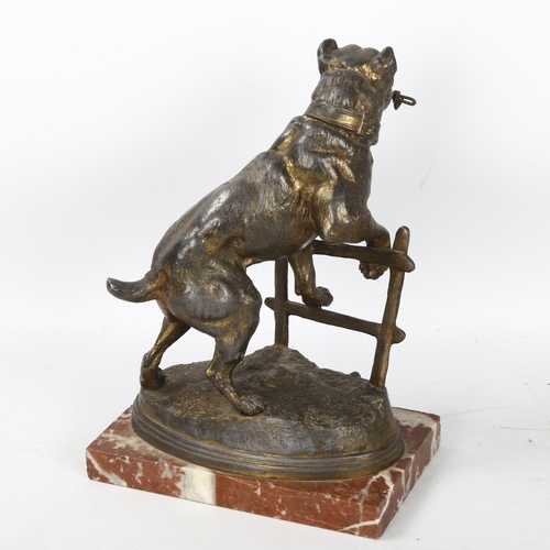 194 - After C Valton, bronze patinated spelter figure of a dog jumping a gate, circa 1900, marble base, he... 