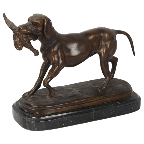 197 - A patinated bronze sculpture of a Gundog with pheasant, on marble base, unsigned, length 20cm