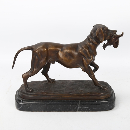 197 - A patinated bronze sculpture of a Gundog with pheasant, on marble base, unsigned, length 20cm