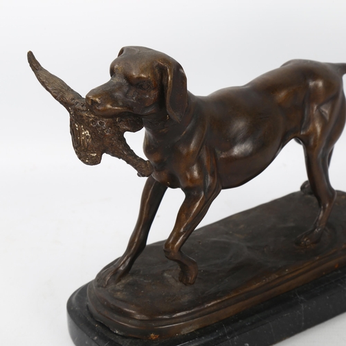 197 - A patinated bronze sculpture of a Gundog with pheasant, on marble base, unsigned, length 20cm