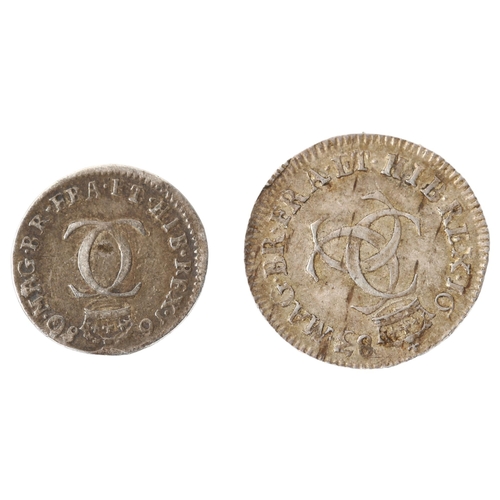 220 - A Charles II silver three pence dated 1683, together with Charles II silver two pence dated 1680