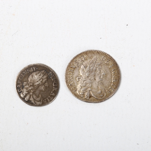 220 - A Charles II silver three pence dated 1683, together with Charles II silver two pence dated 1680