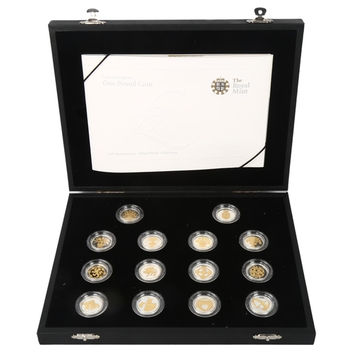 227 - The Royal Mint One Pound Coin 25th Anniversary Silver Proof Collection of 14 coins, 925 sterling pla... 