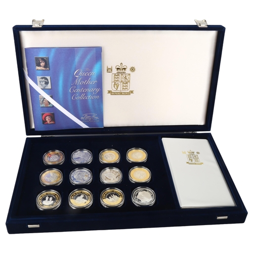 228 - The Royal Mint Queen Mother Centenary Collection of 12 x 925 silver proof coins with fine gold detai... 