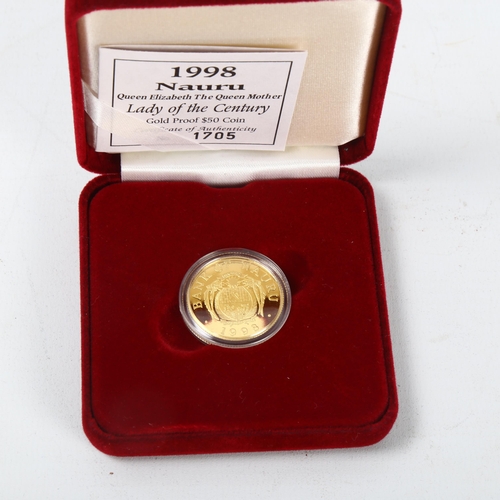 241 - Royal Mint 1998 Nauru Queen Mother 14ct gold Commemorative coin, 7.776g, diameter 25mm, in presentat... 