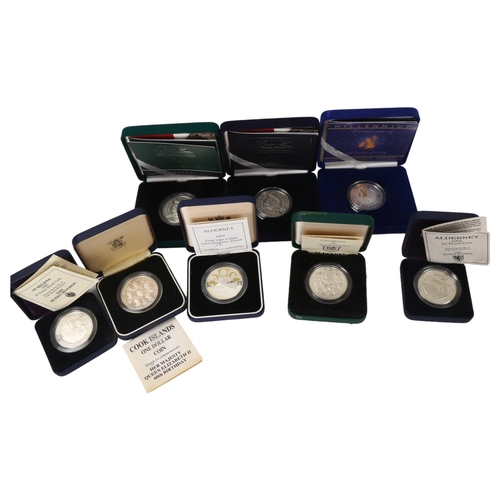 246 - A collection of commemorative silver proof coins, all cased with certificates, including Five Pound ... 