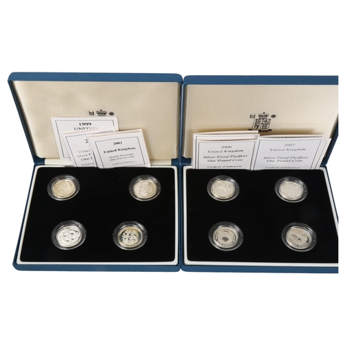 250 - Royal Mint - 2 silver Piedfort One Pound Coin presentation collections, comprising 8 coins, 925 silv... 