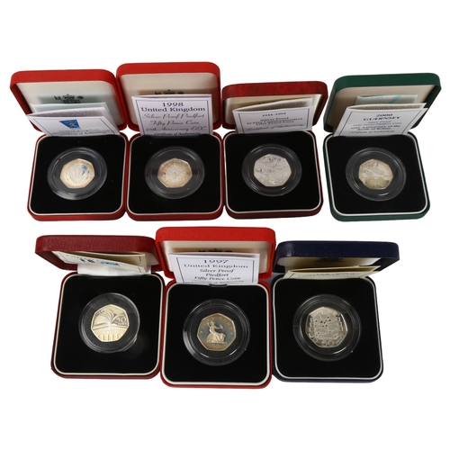 251 - A collection of 7 silver proof Fifty Pence coins, in presentation boxes with certificates