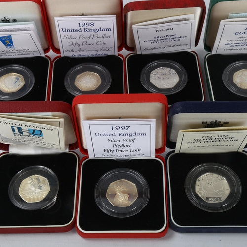 251 - A collection of 7 silver proof Fifty Pence coins, in presentation boxes with certificates