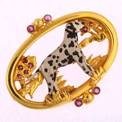 1100 - A modern 18ct two-colour gold ruby figural Dalmatian dog pendant/brooch, oval form with pierced open... 