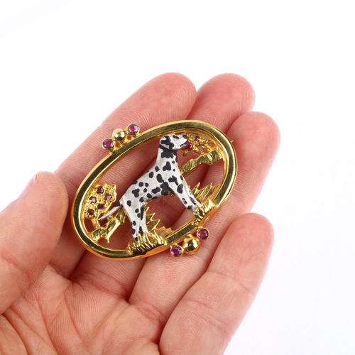 1100 - A modern 18ct two-colour gold ruby figural Dalmatian dog pendant/brooch, oval form with pierced open... 