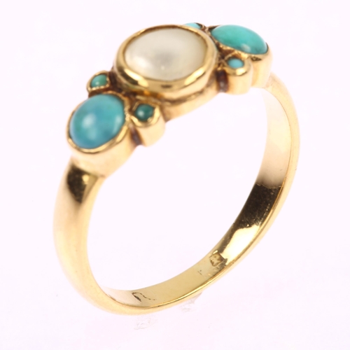 1102 - A 19th century 18ct gold seven stone pearl and turquoise ring, bezel set with round cabochon gemston... 