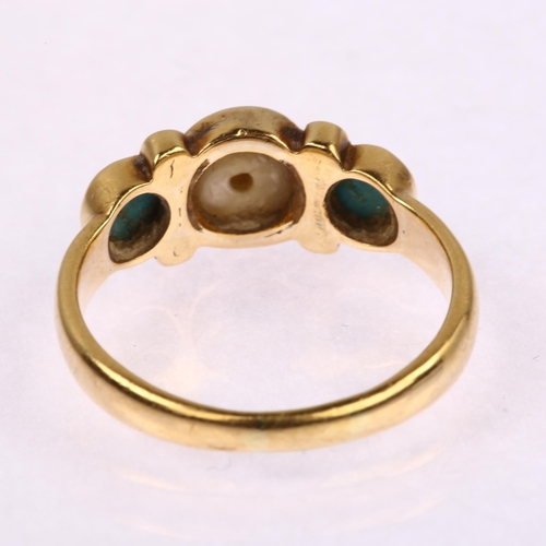 1102 - A 19th century 18ct gold seven stone pearl and turquoise ring, bezel set with round cabochon gemston... 