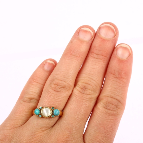 1102 - A 19th century 18ct gold seven stone pearl and turquoise ring, bezel set with round cabochon gemston... 