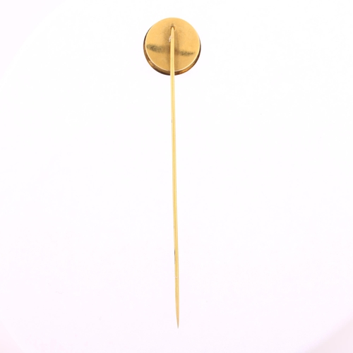 1105 - An Antique blue enamel ruby emerald and diamond crown stickpin, unmarked gold settings with engine t... 