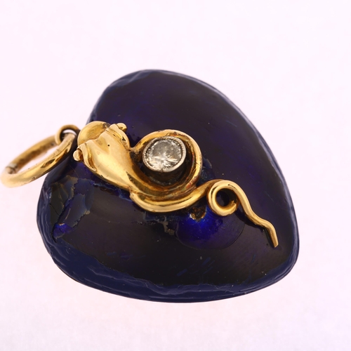 1106 - A large Victorian blue enamel and diamond coiled snake heart memorial locket pendant, circa 1880, be... 