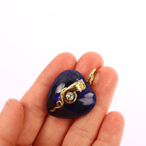 1106 - A large Victorian blue enamel and diamond coiled snake heart memorial locket pendant, circa 1880, be... 