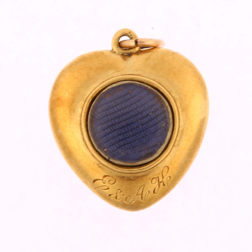 1107 - A Victorian blue enamel and pearl cross heart memorial locket pendant, circa 1860, unmarked gold set... 