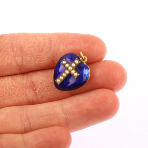 1107 - A Victorian blue enamel and pearl cross heart memorial locket pendant, circa 1860, unmarked gold set... 