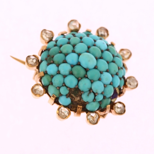 1108 - An Antique French turquoise and diamond bombe brooch, unmarked gold closed-back settings with round ... 