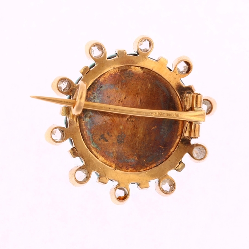 1108 - An Antique French turquoise and diamond bombe brooch, unmarked gold closed-back settings with round ... 