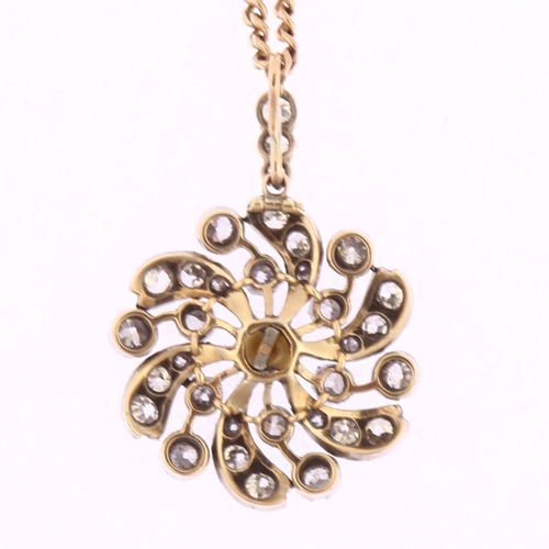 1110 - A Victorian natural pearl and diamond flowerhead pendant necklace, circa 1880, unmarked silver and g... 