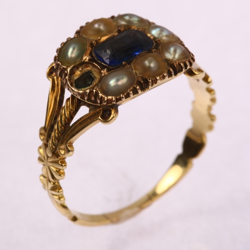 1113 - A Georgian blue paste and pearl mourning ring, circa 1830, unmarked gold closed-back settings with s... 