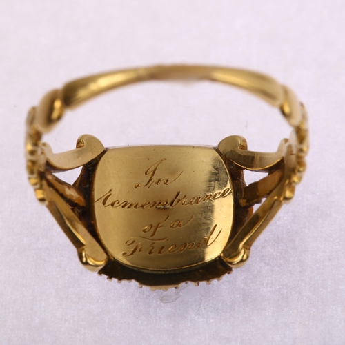 1113 - A Georgian blue paste and pearl mourning ring, circa 1830, unmarked gold closed-back settings with s... 