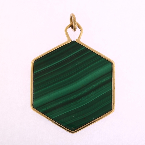 1114 - A large late 20th century 9ct gold malachite hexagonal pendant, indistinct maker's marks, hallmarks ... 