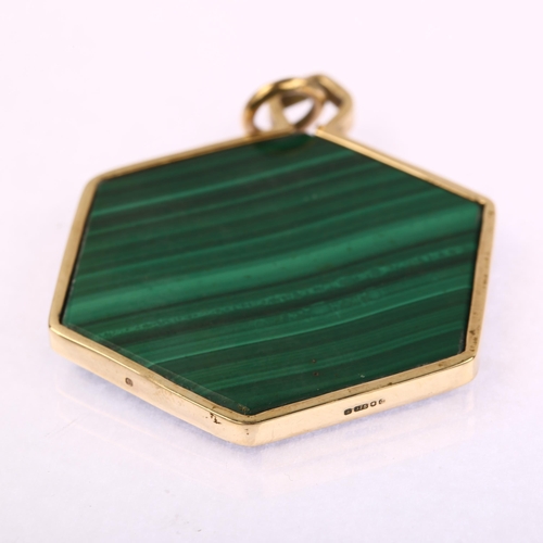 1114 - A large late 20th century 9ct gold malachite hexagonal pendant, indistinct maker's marks, hallmarks ... 