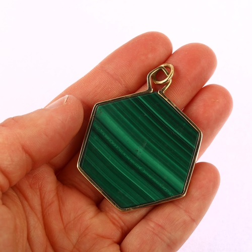 1114 - A large late 20th century 9ct gold malachite hexagonal pendant, indistinct maker's marks, hallmarks ... 