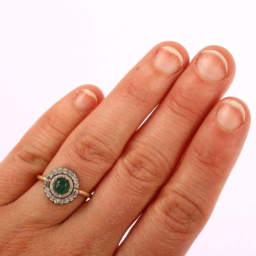 1115 - A 9ct two-colour gold emerald and cubic zirconia cluster target ring, set with round cabochon emeral... 