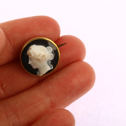 1116 - A 19th century miniature sardonyx cameo brooch, relief carved with Classical female head profile, in... 