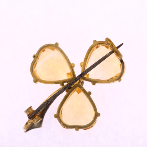 1117 - An Edwardian citrine and pearl shamrock brooch, circa 1905, unmarked gilt white metal settings with ... 