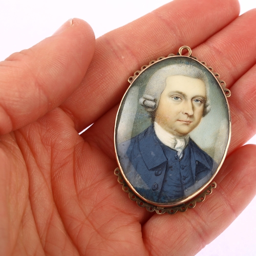 1119 - A Georgian portrait miniature watercolour on ivory pendant/clasp, unmarked rose gold closed-back set... 