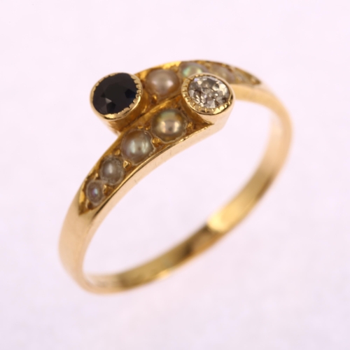 1120 - An 18ct gold sapphire diamond and pearl crossover ring, set with old European-cut sapphire and diamo... 