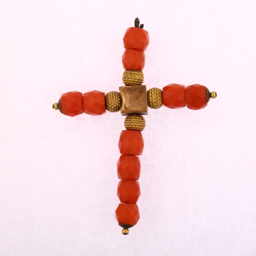 1123 - An Italian 19th century faceted coral cross pendant, unmarked gold settings, pendant height 38.5mm, ... 