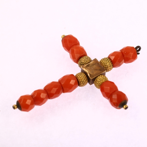 1123 - An Italian 19th century faceted coral cross pendant, unmarked gold settings, pendant height 38.5mm, ... 