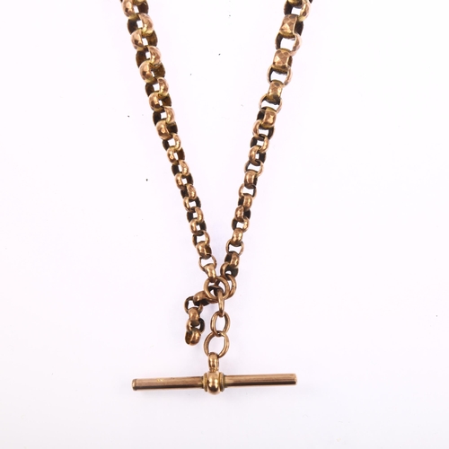 1124 - An Antique 9ct rose gold graduated belcher link double Albert chain necklace, with 9ct T-bar and 2 d... 