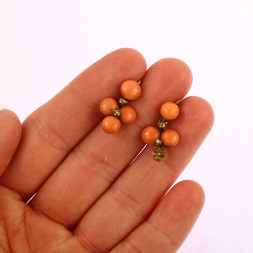 1125 - A pair of Victorian coral and diamond drop earrings, unmarked gold closed-back settings with round c... 