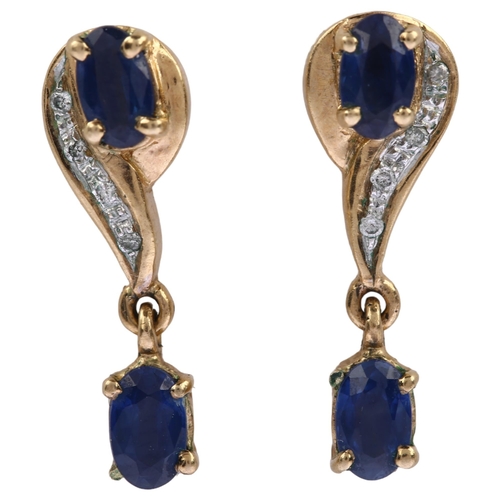 1130 - A pair of 21ct gold sapphire and diamond drop earrings, with stud fittings, earring height 19.3mm, 2... 