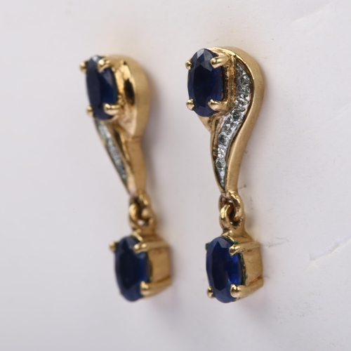 1130 - A pair of 21ct gold sapphire and diamond drop earrings, with stud fittings, earring height 19.3mm, 2... 