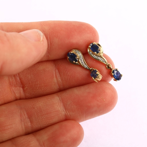 1130 - A pair of 21ct gold sapphire and diamond drop earrings, with stud fittings, earring height 19.3mm, 2... 